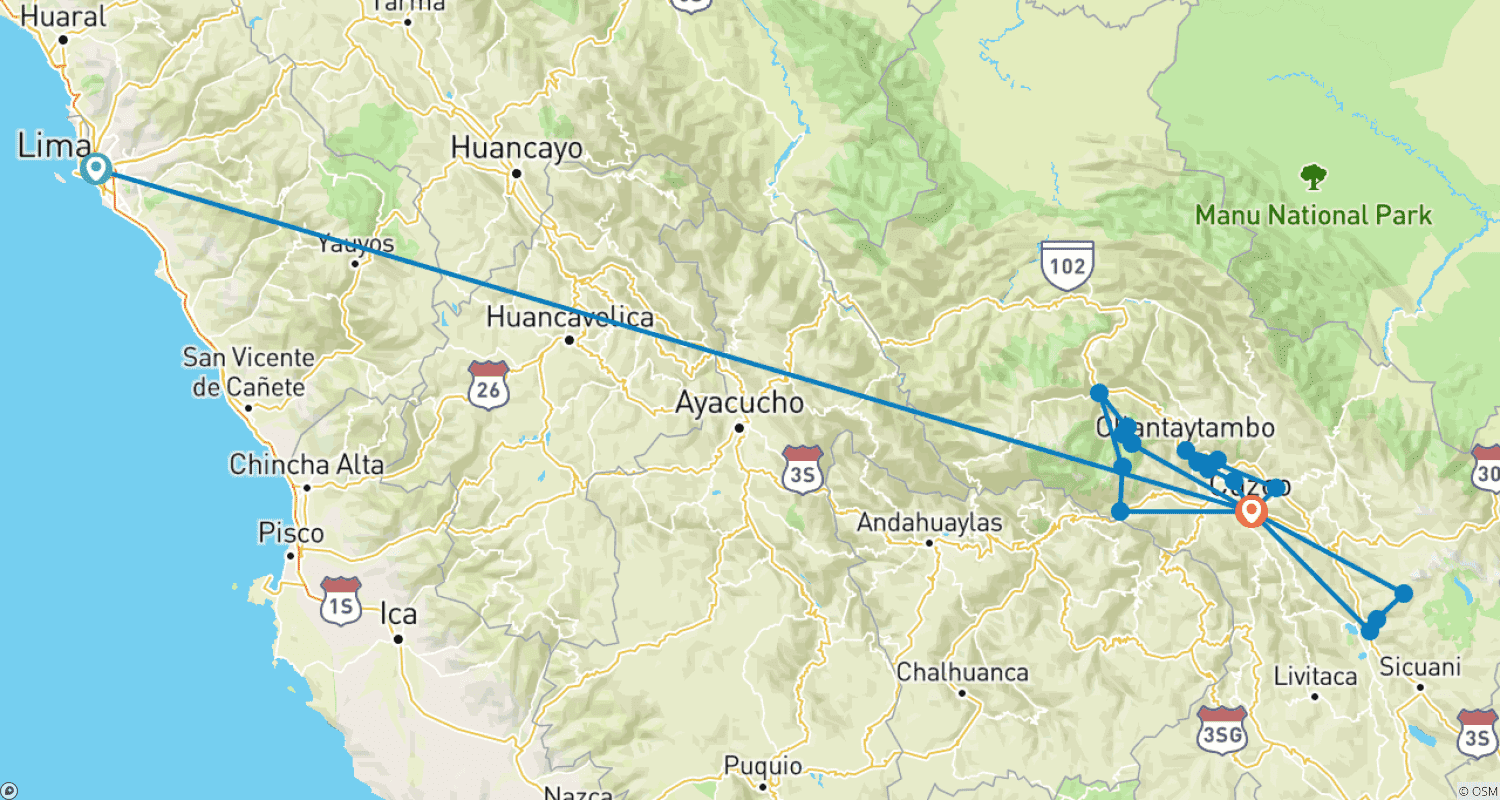 Mapa trasy: Peruwiański trekking (trek Salkantay, krótki szlak Inków, Tęczowa Góra) 10 dni