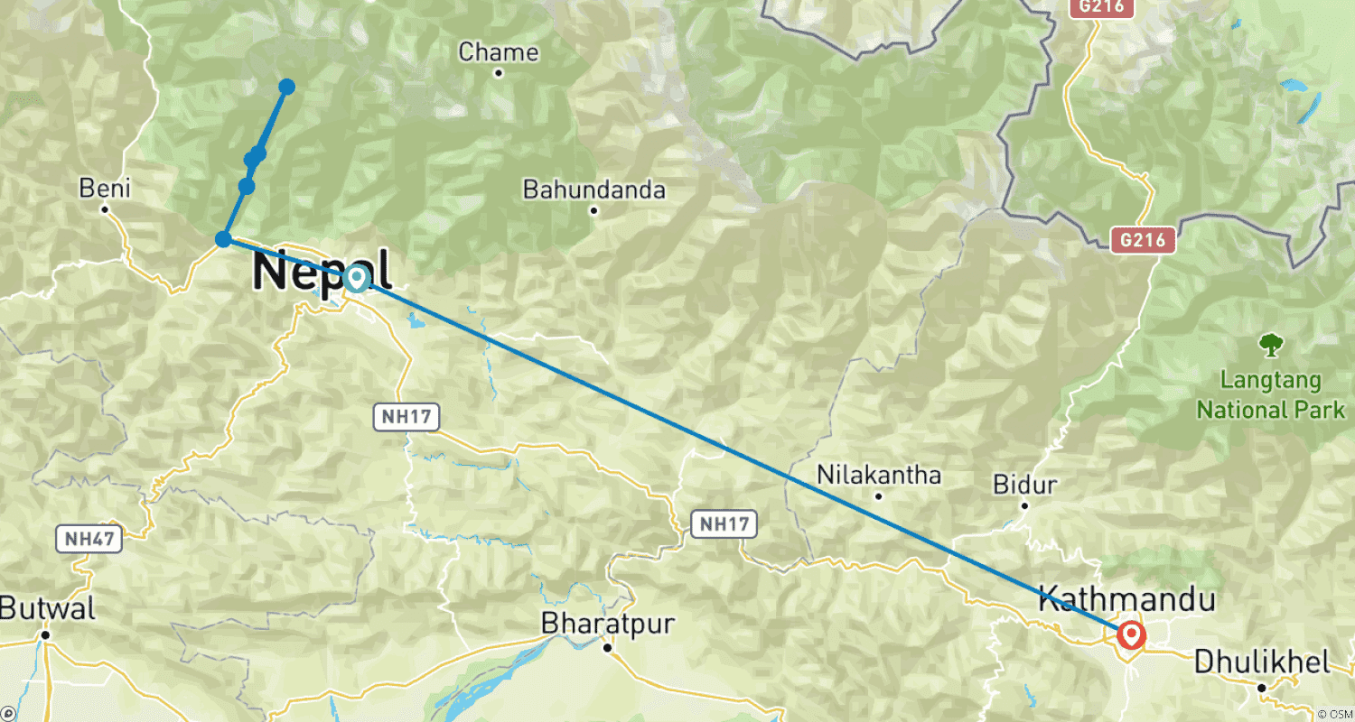 Mapa do percurso de Caminhada de 7 dias ao Acampamento Base Annapurna
