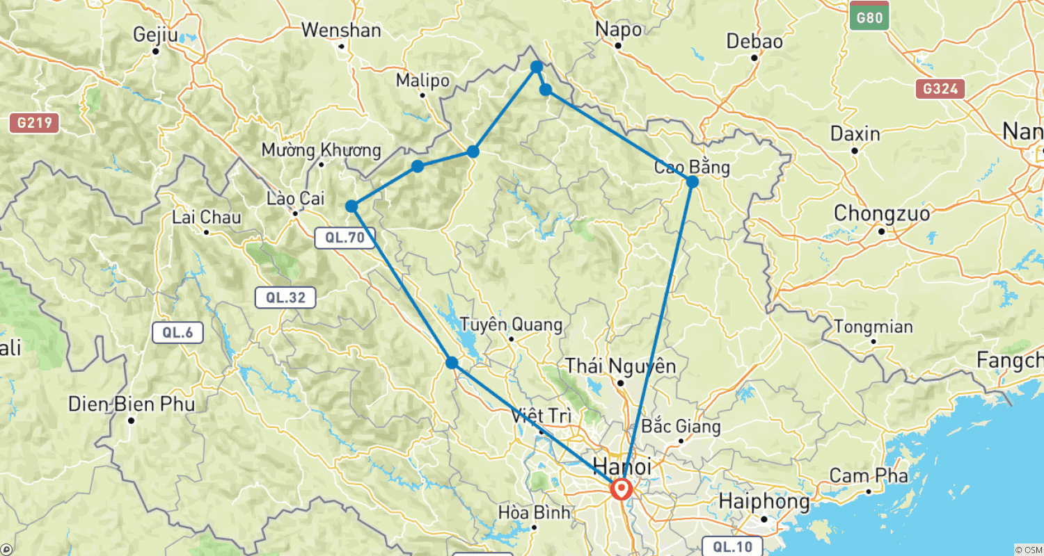 Mapa trasy: Wycieczka motocyklowa z Hanoi do Ha Giang przez Dong Van, Meo Vac, Bao Lac, Jeziora Ba Be i Thac Ba