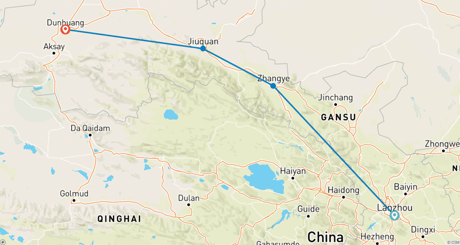Mapa trasy: Wycieczka Budżetowa: Lanzhou, Zhangye, Jiayuguan, Dunhuang, Przełęcz Jadeitowej Bramy 7 Dni