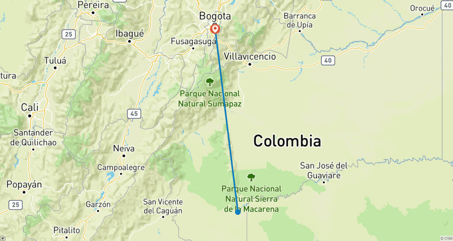 Mapa trasy: Caño Cristales z Bogoty: 3-dniowa wycieczka Szlak Tęczowej Rzeki