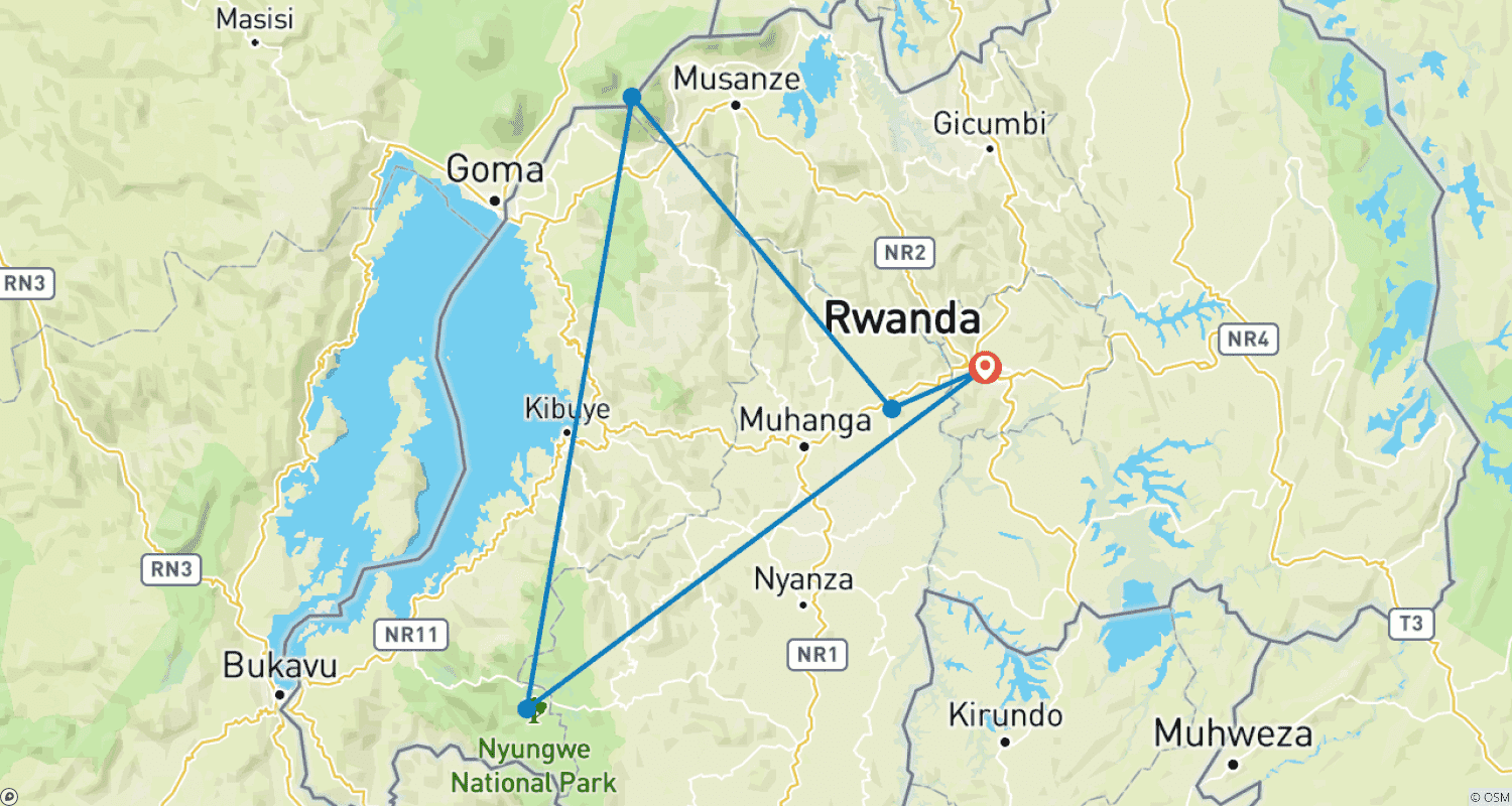 Mapa trasy: Poznaj Rwandę: goryle, szympansy i Dian Fossey (wyłącznie prywatnie)