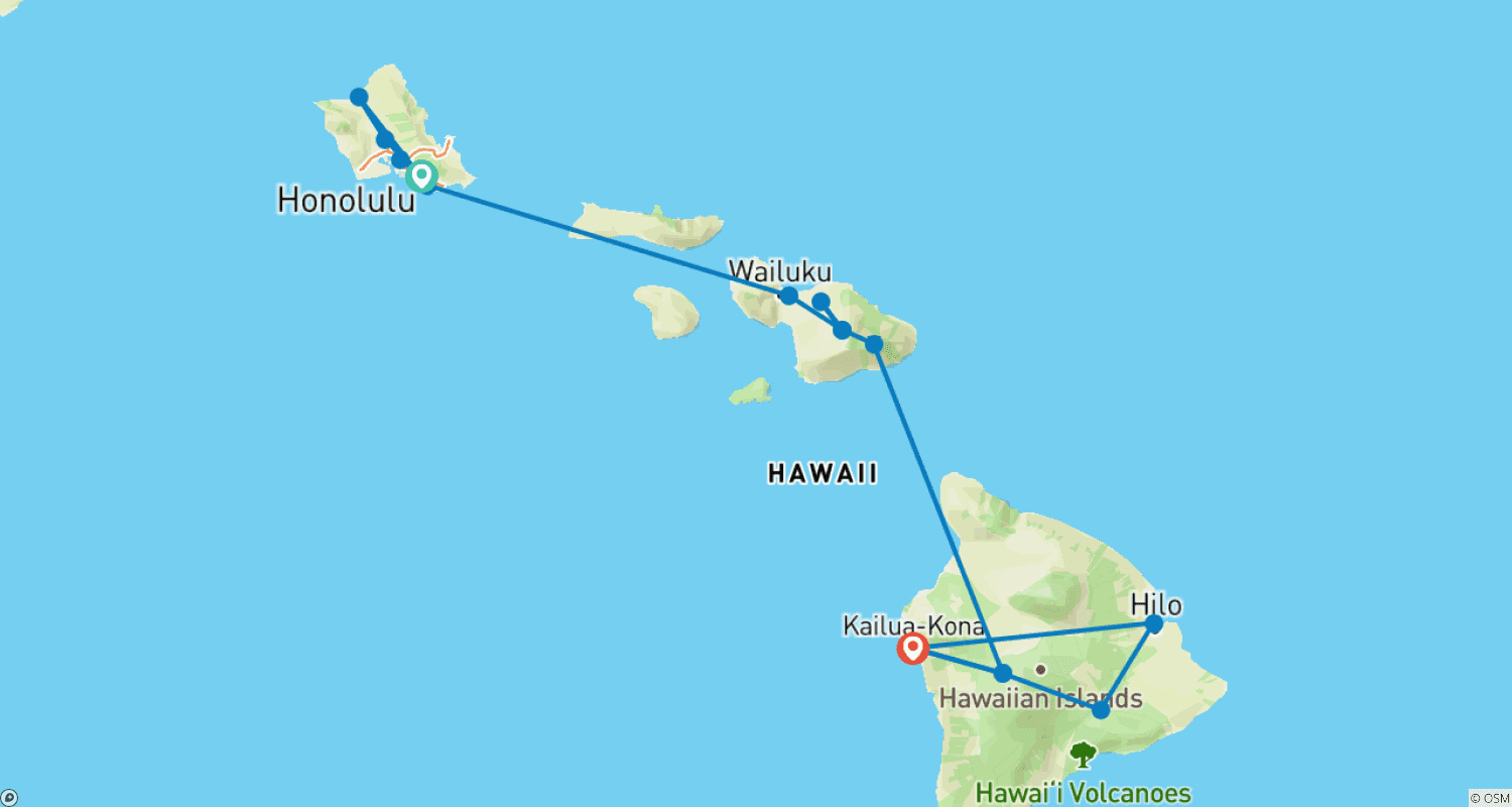 Mapa do percurso de Havaí com Oahu, Maui e a Ilha Grande (Clássico, Com a Ilha Grande)
