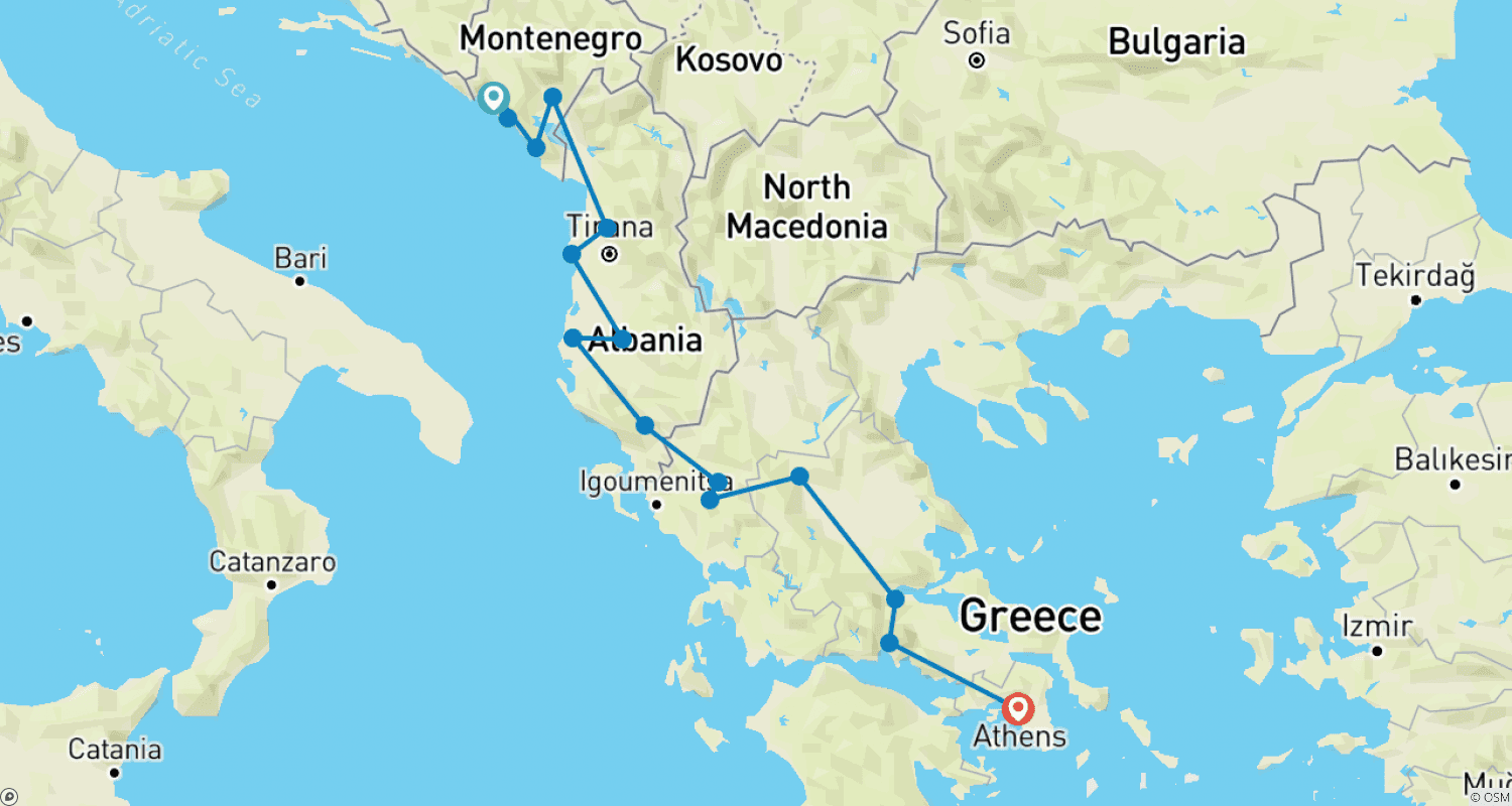 Mapa do percurso de The best of Montenegro, Albania & Greece! All seasons, 14 days tour from Tivat. Balkan Peninsula. UNESCO sites. Nature. Architecture. Culture. Archaeology. History. Cuisine. Wine. Slow travel