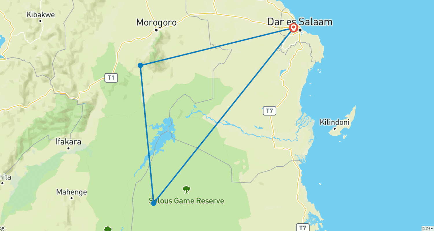 Mapa do percurso de Discove Our Top Best 4-Day Private Mid-Range Safari from Dar es Salaam to Mikumi, Udzungwa, Sanje Waterfalls & Maasai Culture