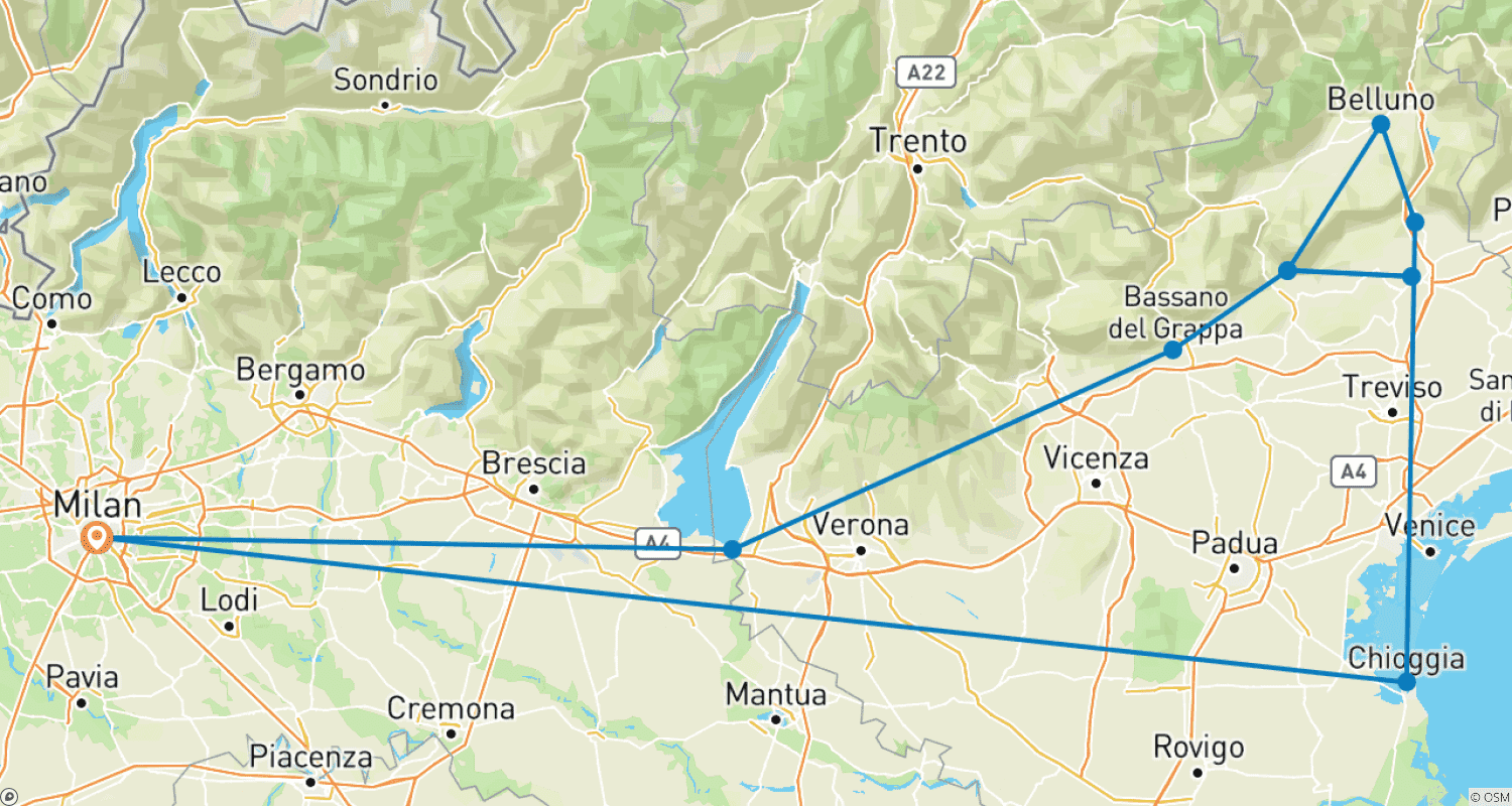 Mapa trasy: Veneto: Alpy, wino Prosecco, niesamowite wille i Morze Adriatyckie