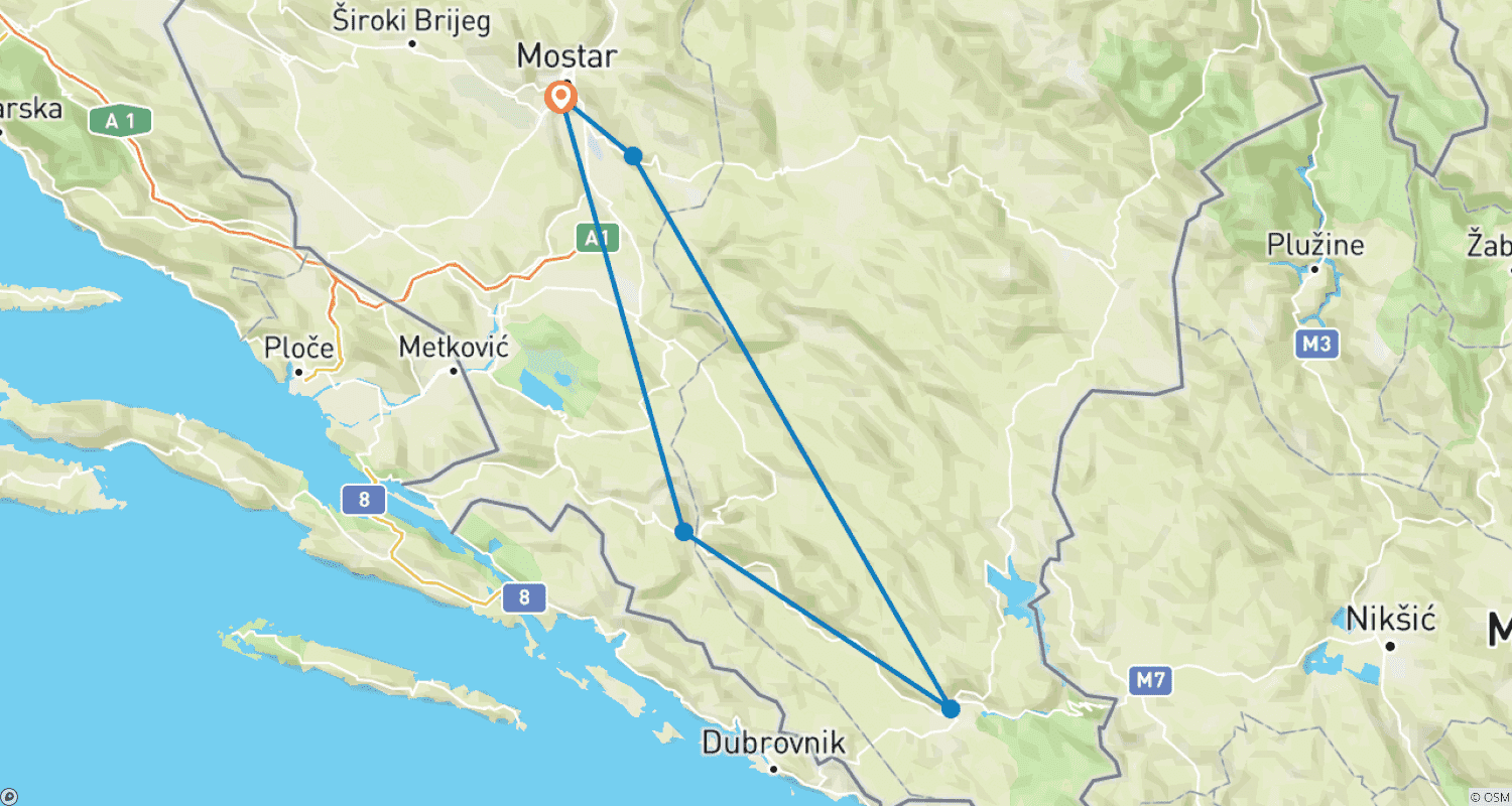Mapa trasy: Mostar do Trebinje 2-dniowa całoroczna mikrowycieczka. Odwiedź Blagaj, Radimlja, Stolac, klasztor Tvrdos, jaskinię Vjetrenica.