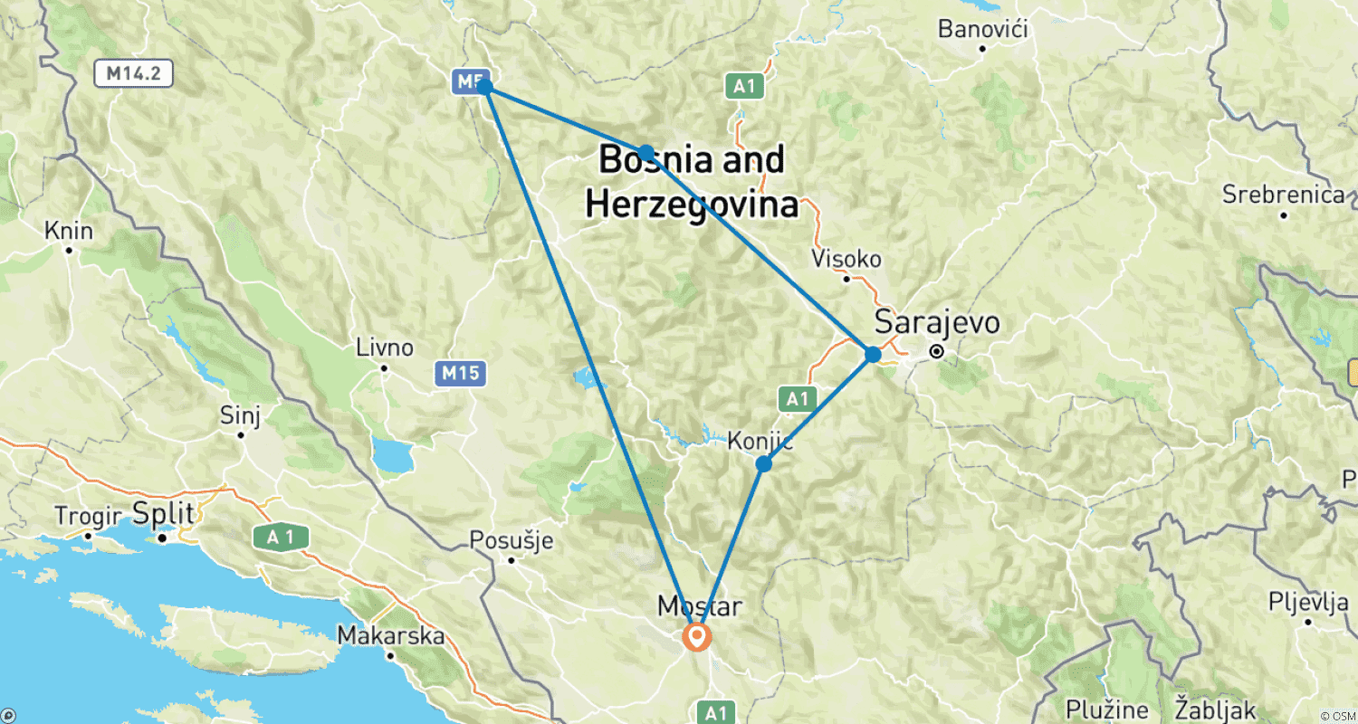 خريطة مسار Mostar to Sarajevo, Travnik and Jajce in 4-day tour. Year-round Bosnia discovery off‑the‑beaten‑path without hurry.