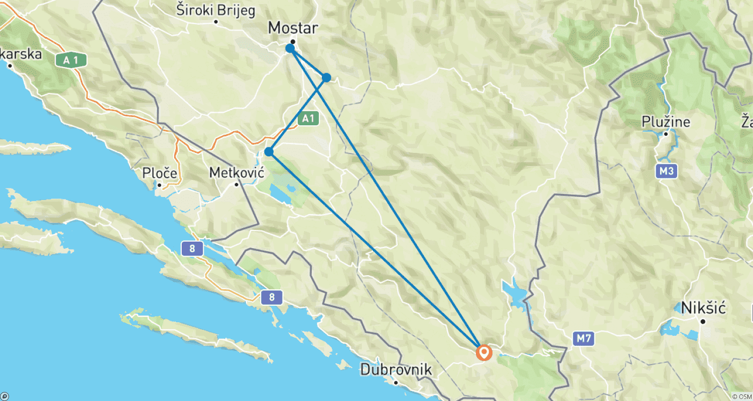 Mapa trasy: Całoroczne odkrywanie Bośni: 2-dniowa mini-wycieczka z Trebinje. Jaskinia UNESCO Vjetrenica i miasto Mostar. Zobacz także Blagaj, Radimlja, Stolac.