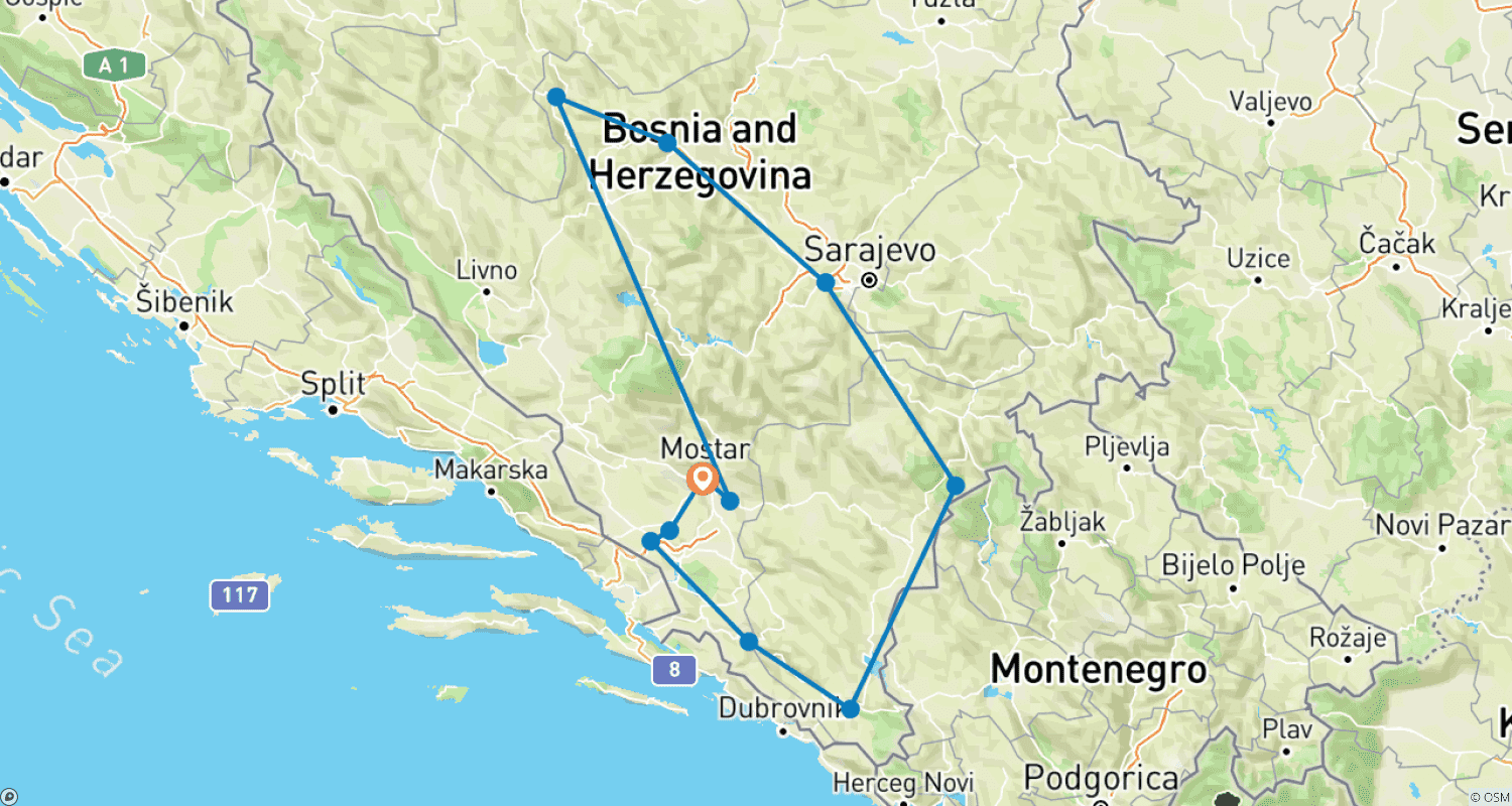 Mapa trasy: Bośnia: Dogłębna 8-dniowa wycieczka kulturowa do Mostaru. Odkryj stare miasta, wodospady, klasztory. Przyroda, jedzenie, malownicze drogi.