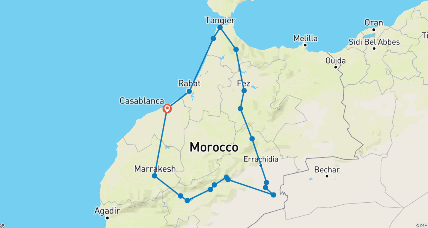 Mapa do percurso de Tours from Casablanca : 8 Days Morocco Desert Merzouga Tour through the Sahara Desert and Morocco’s Imperial Cities.