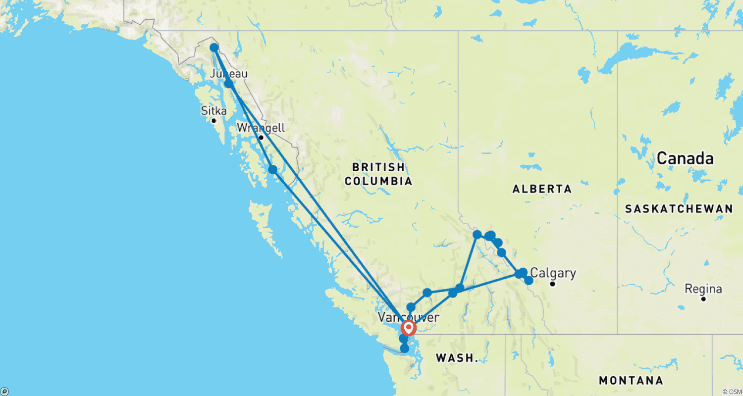 Mapa do percurso de Canadian Masterpiece with Rocky Mountaineer & Alaska Cruise