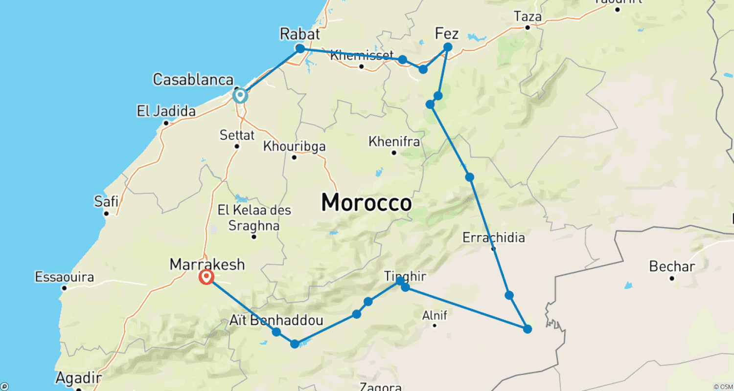 Mapa trasy: Pustynne wycieczki po Maroku: 8-dniowa podróż przez Miasta Cesarskie i Saharę z Casablanki do Marrakeszu