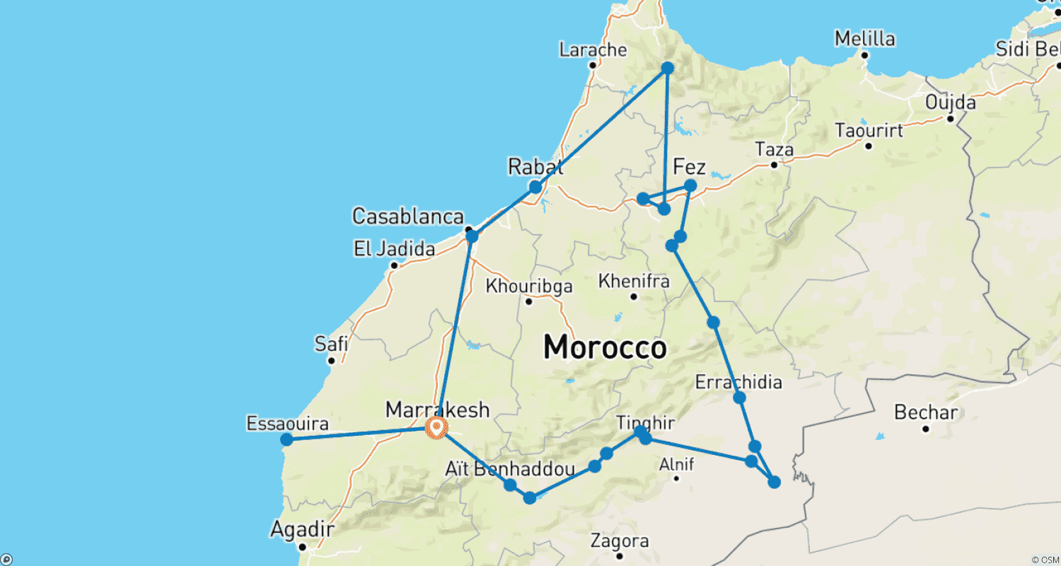 خريطة مسار رحلة 12 يومًا إلى صحراء المغرب من مراكش – اكتشف أفضل معالم المغرب وصحراء ساهارا في مرزوگا.