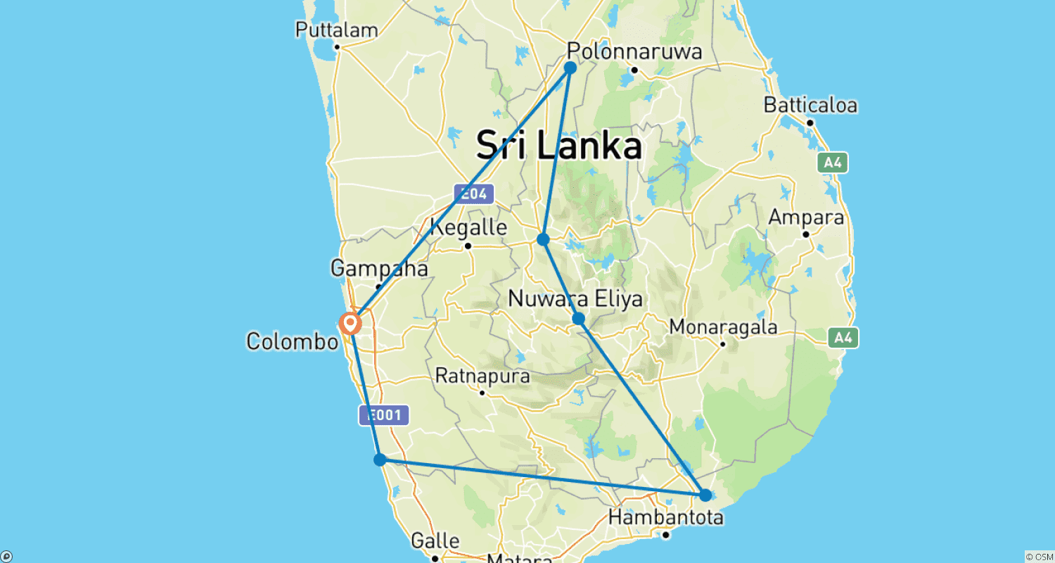 Mapa do percurso de 7 Dias de Exótica Viagem de Lua de Mel de Luxo no Sri Lanka, tudo incluído