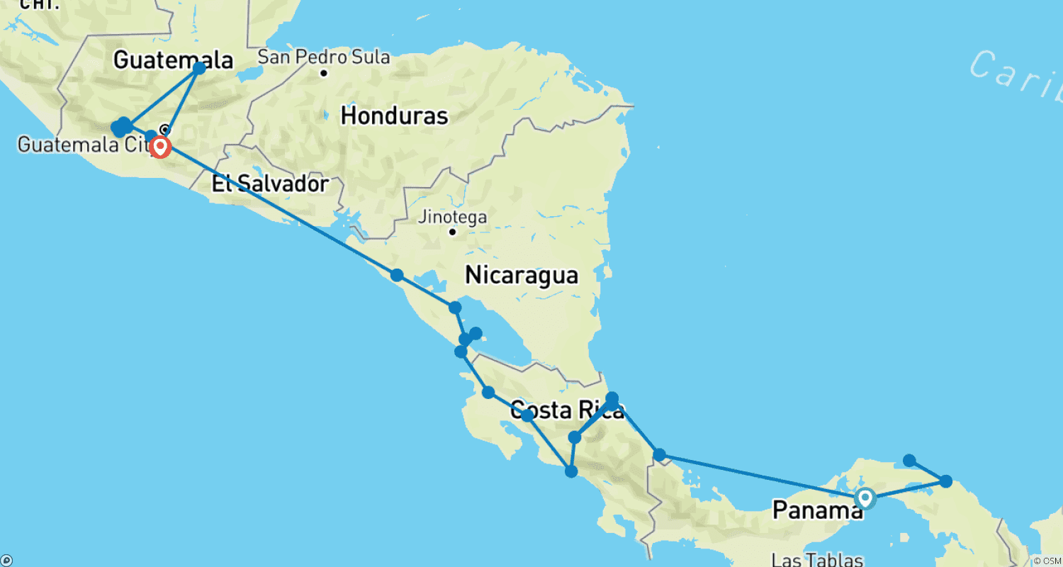 Mapa do percurso de Passe de Viagem da Cidade do Panamá para Antigua