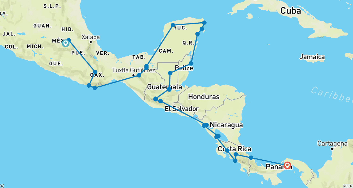 Mapa trasy: Mexico City to Panama City Travel Pass