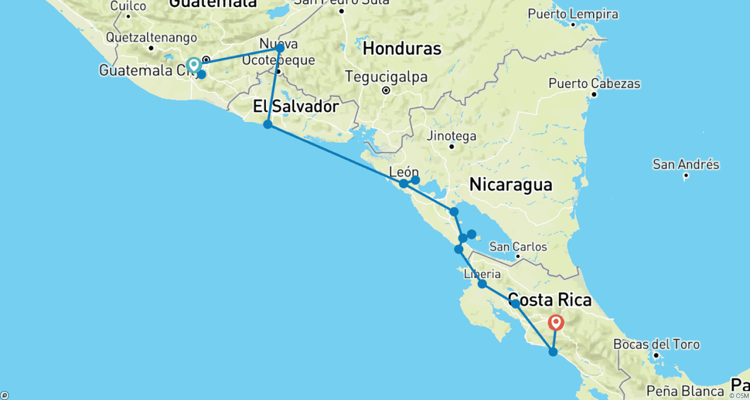Mapa do percurso de Passe de Viagem de Antígua para São José