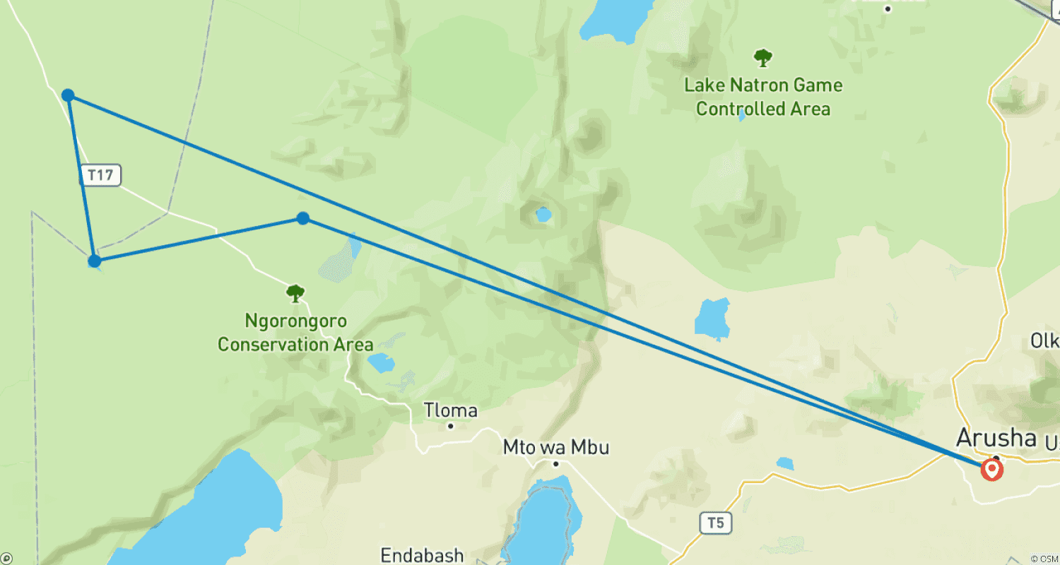 Mapa trasy: Przeżyj nasze 4-dniowe prywatne safari all-inclusive i premium podczas migracji w Południowym Serengeti z Arushy w Tanzanii