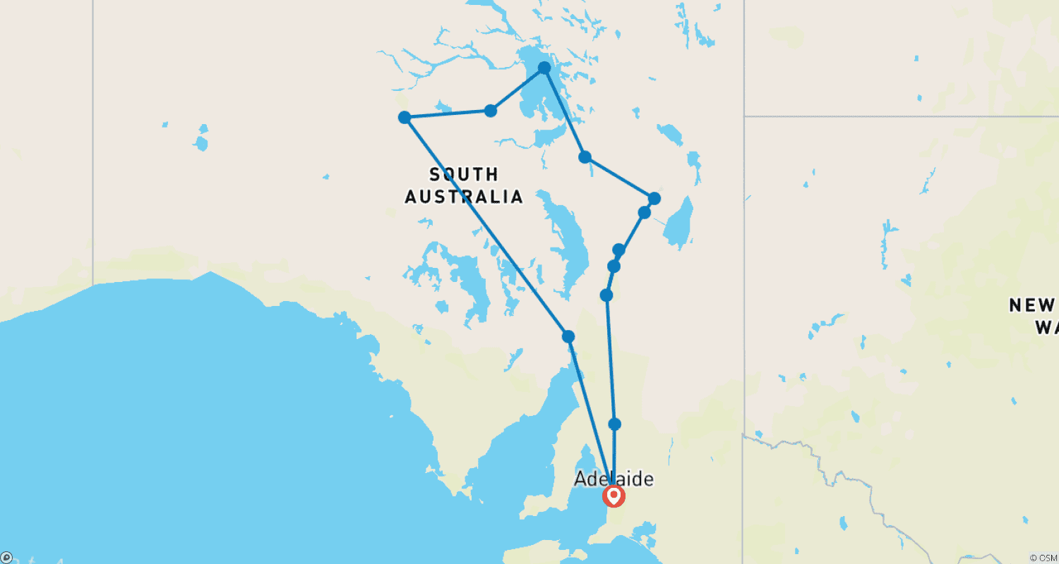 Mapa do percurso de Aventura no Outback da Austrália do Sul