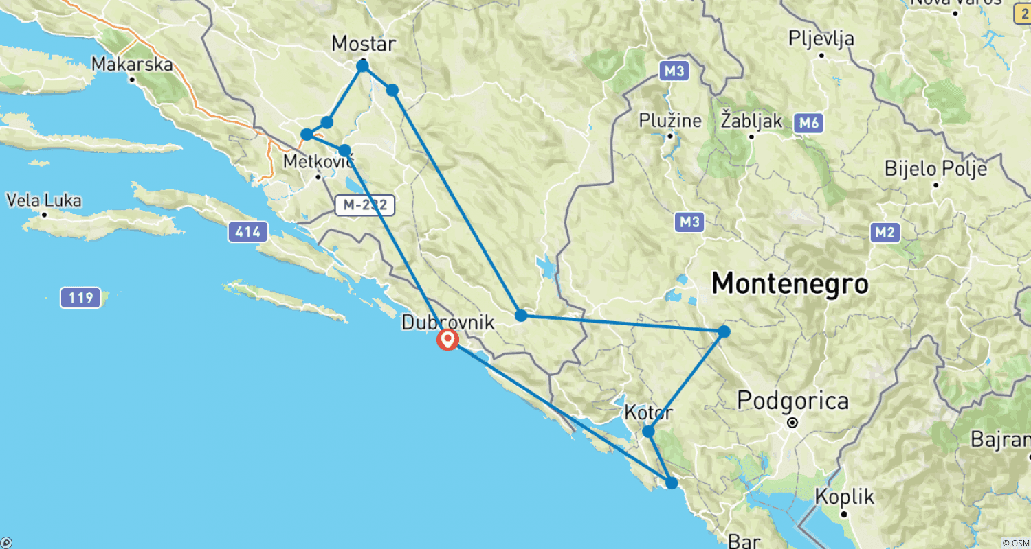 خريطة مسار Off-season Bosnia + Montenegro 5 days discovery tour from Dubrovnik. Kotor. Budva. Ostrog. Mostar. Kravica waterfall. Trebinje. UNESCO sites. Nature. Architecture. Culture. Wine. Cuisine. History. Old towns. Ancient monasteries and fortresses.