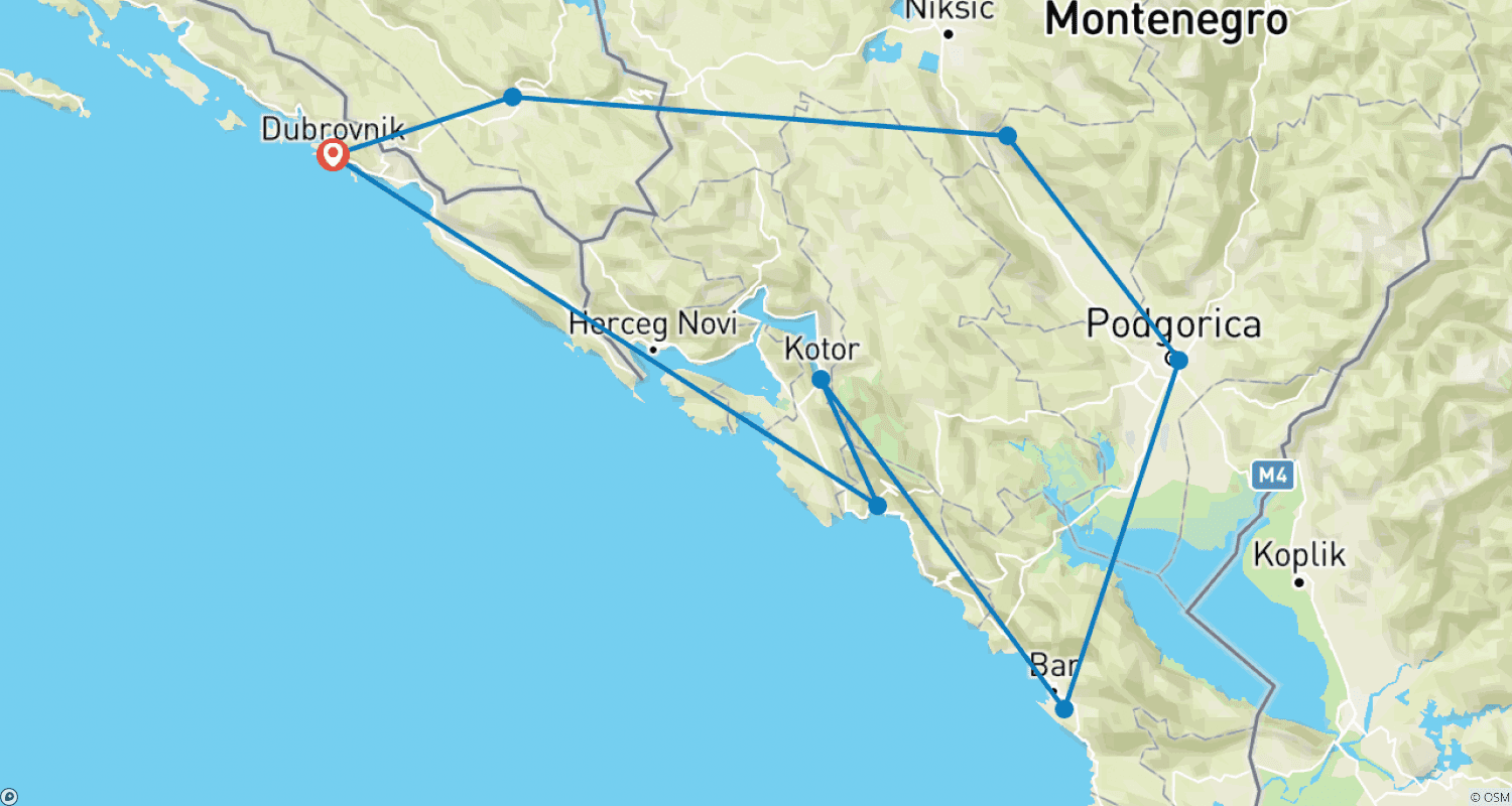 Mapa trasy: Poza sezonem Bośnia+Czarnogóra 5-dniowa wycieczka odkrywcza z Dubrownika. Miejsca UNESCO. Przyroda. Architektura. Kultura. Wino. Kuchnia. Historia. Stare miasta. Starożytne klasztory.