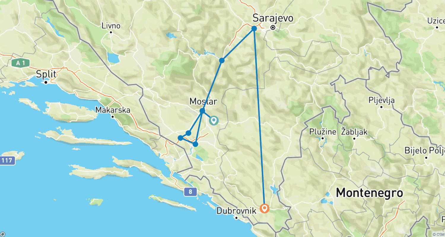 Mapa do percurso de De Orebic: Viagem de descoberta de 5 dias pela Bósnia para todas as estações. Mostar, Sarajevo, Blagaj, Medjugorje, Trebinje e muito mais.
