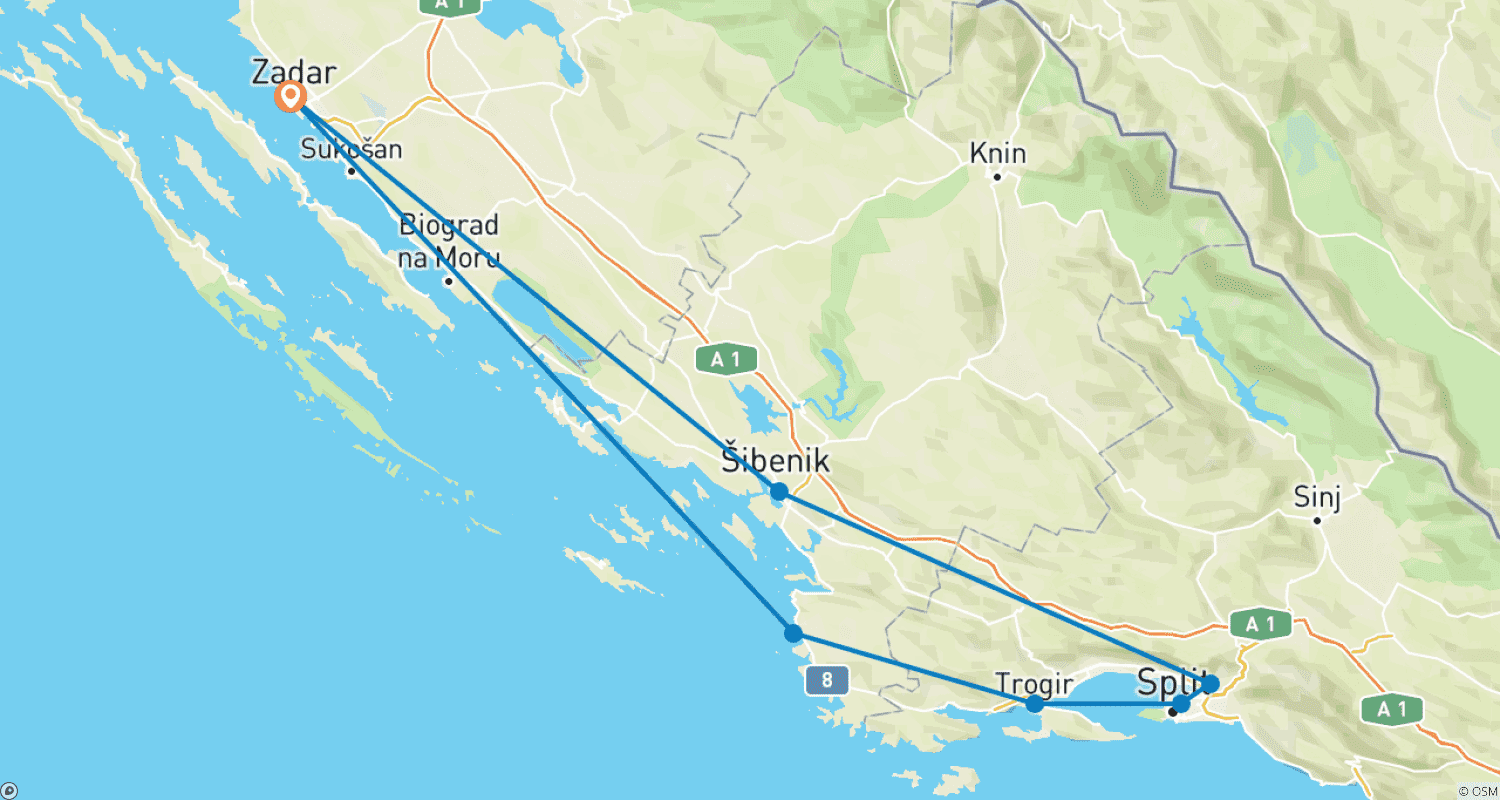 Mapa do percurso de De Zadar: Excursão de 4 dias pela Dalmácia Central. Os melhores destinos costeiros do Adriático! Visite Sibenik, Split, Trogir e muito mais! Locais UNESCO. Cidades antigas muradas. Muita história, arquitetura veneziana e vistas panorâmicas. Orlas animadas. Culinária estelar!