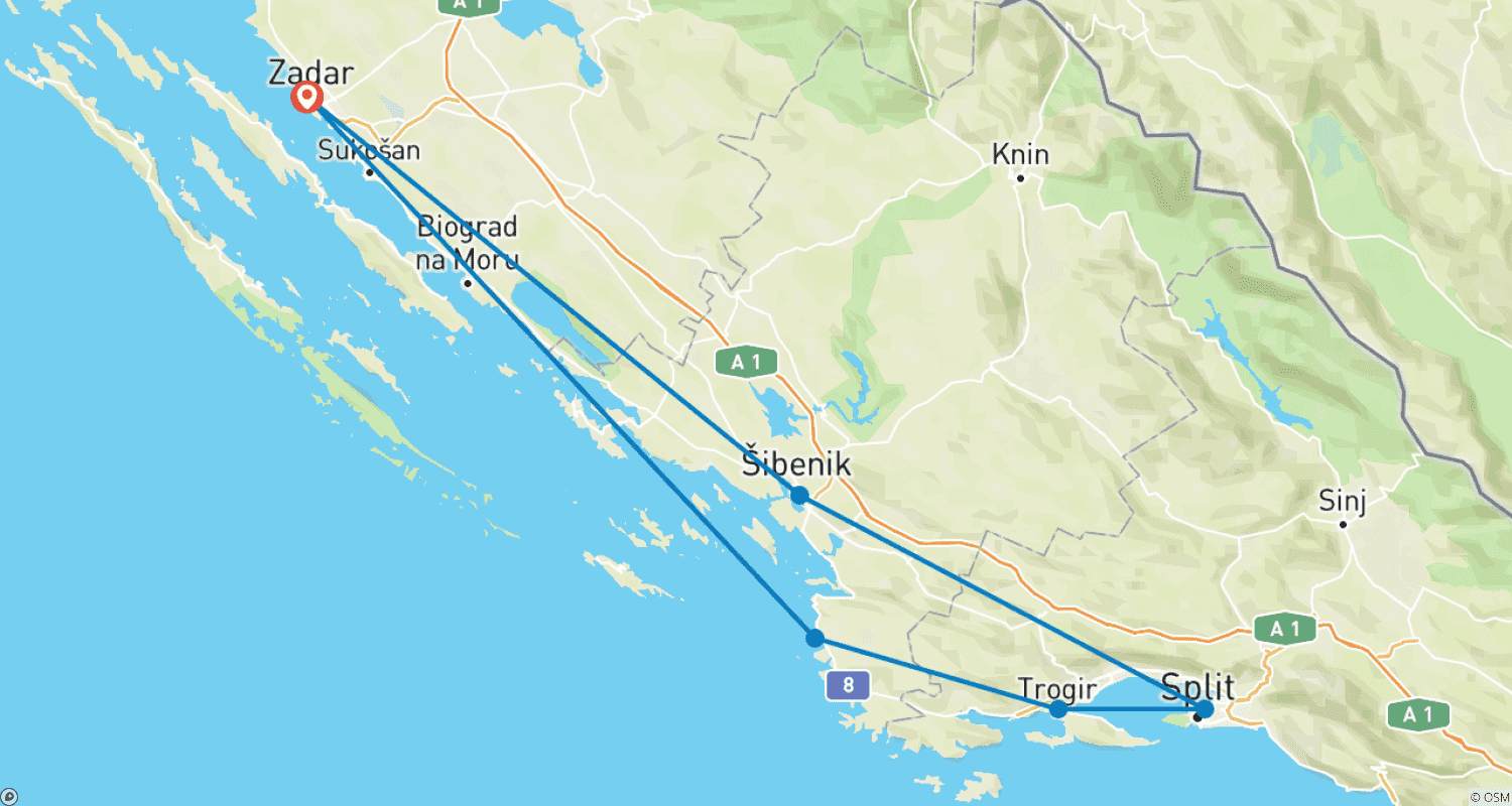 Mapa do percurso de De Zadar: Excursão de 3 dias pela Dalmácia Central. Principais destinos costeiros do Adriático! Visite Sibenik, Split, Trogir e muito mais! Sítios UNESCO. Antigas cidades muradas. Muita história, arquitetura veneziana e vistas panorâmicas. Orlas marítimas vibrantes. Culinária soberba!