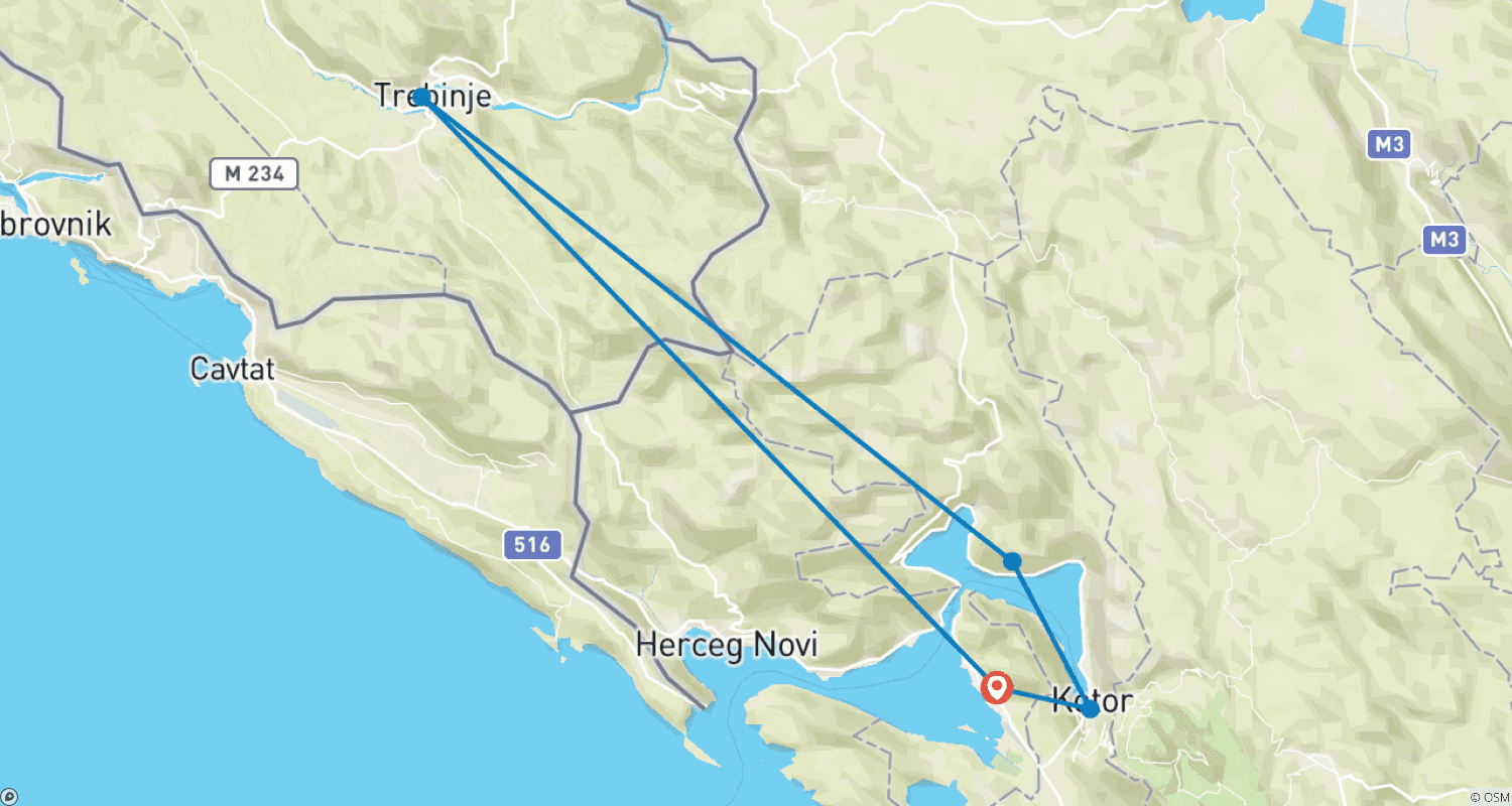 Mapa do percurso de Mini Tour de Descoberta de 2 dias pela Bósnia e Montenegro a partir de Tivat.