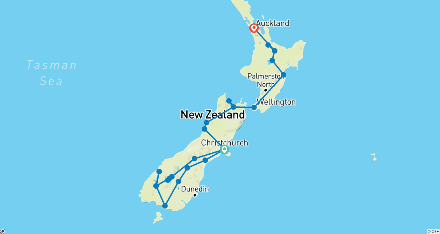 Mapa do percurso de Essência da Nova Zelândia (Pequenos Grupos)