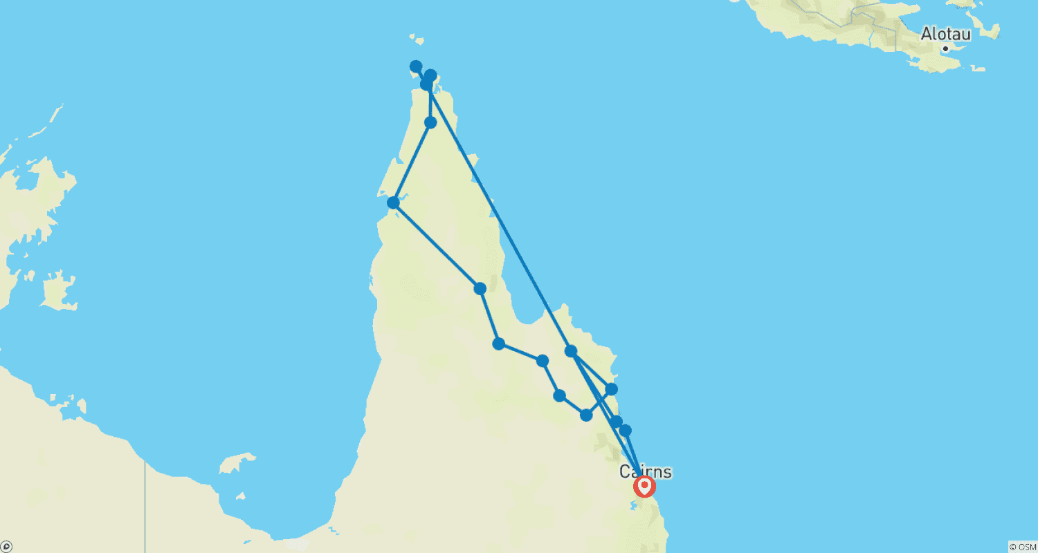 Mapa do percurso de Fronteira do Cabo York (Dirigir/Voar)