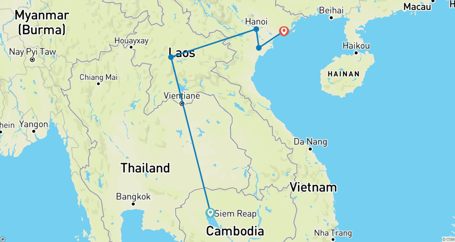Mapa trasy: Trails of Indochina: Cambodia - Vietnam - Laos At a Glance 11 days