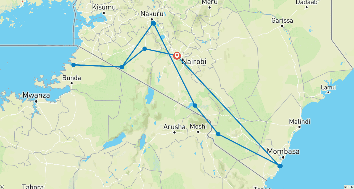 خريطة مسار 10-Days Best of Kenya Wildlife Safari and Diani Beach Holiday Package