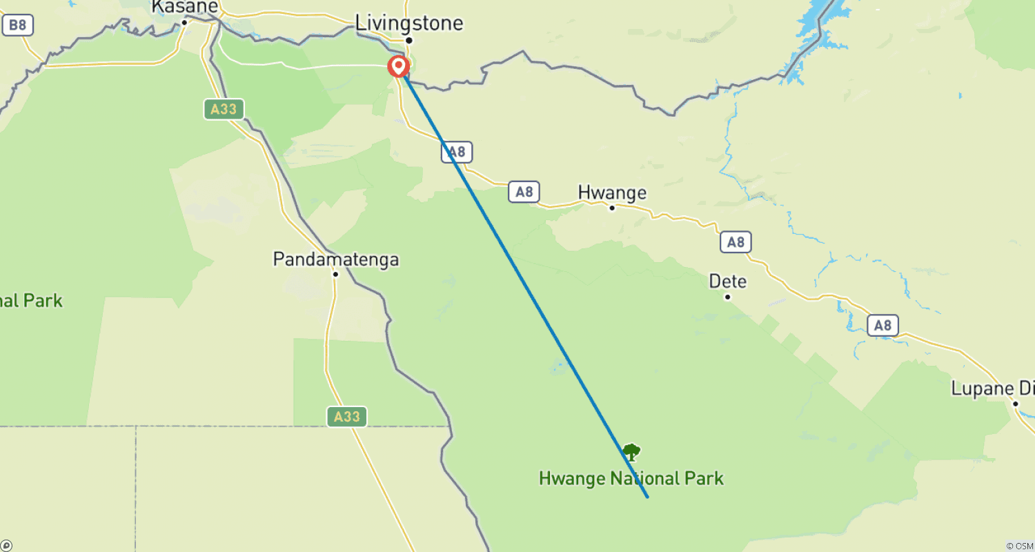 Mapa do percurso de Hwange e Cataratas Vitória
