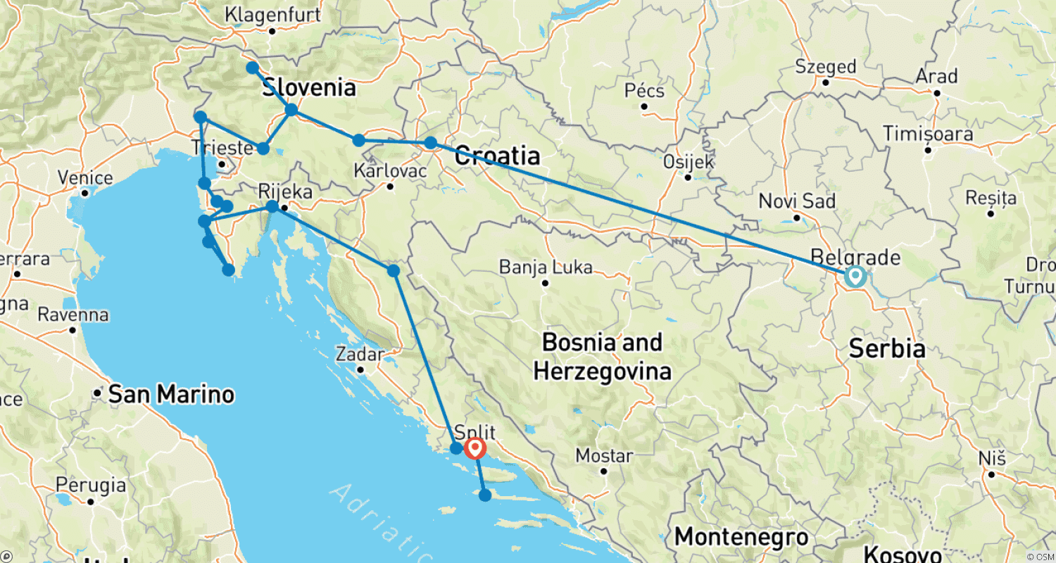Mapa trasy: Small Group: Balkan Extended – Belgrade to Split