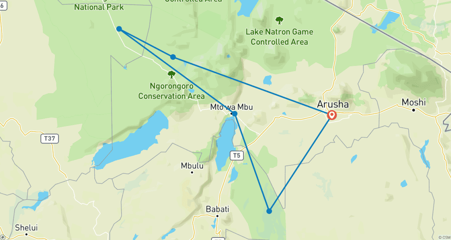 Best 3 day Tanzania Camping Safari from Arusha with Reasonable Priceのルートマップ