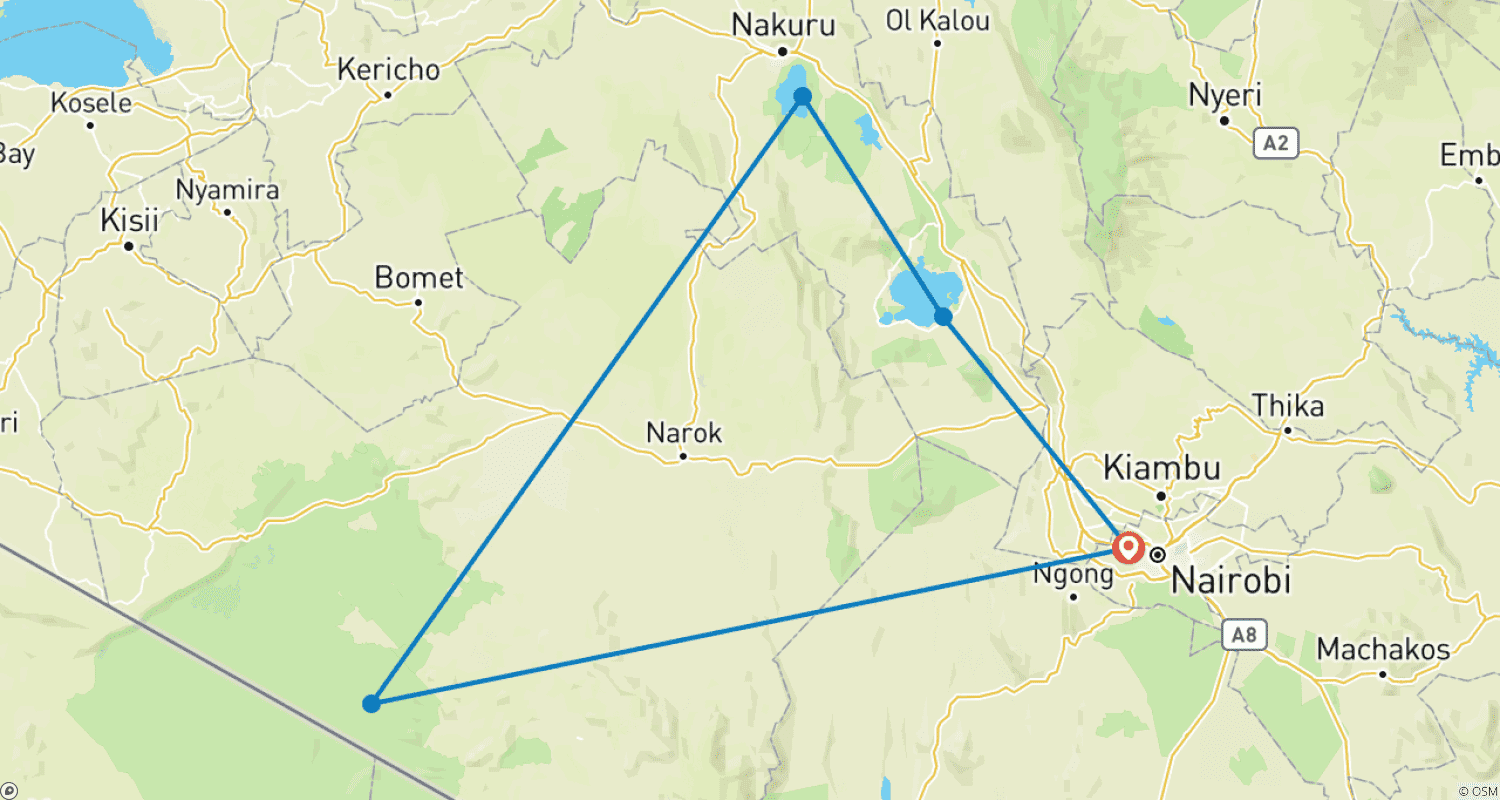 Mapa do percurso de Safari Económico de 5 Dias em Grupo: Masai Mara, Nakuru, Naivasha