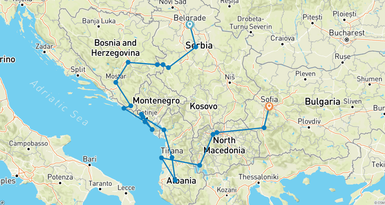 Mapa trasy: Mała Grupa: Ukryte Bałkany, 7 Krajów