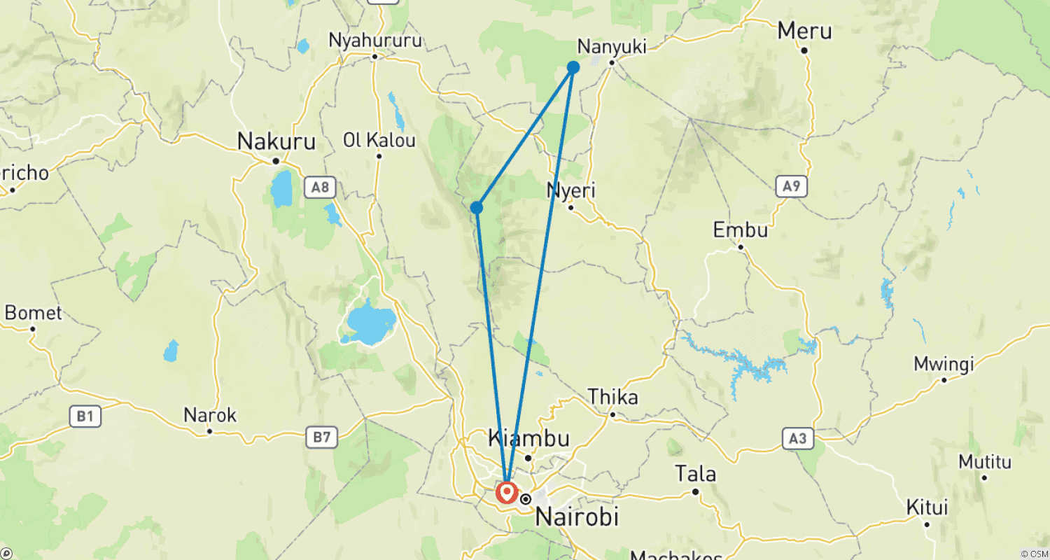 Mapa trasy: 3-dniowe prywatne safari do Aberdares i Sanktuarium Szympansów Sweetwaters Ol Pejeta