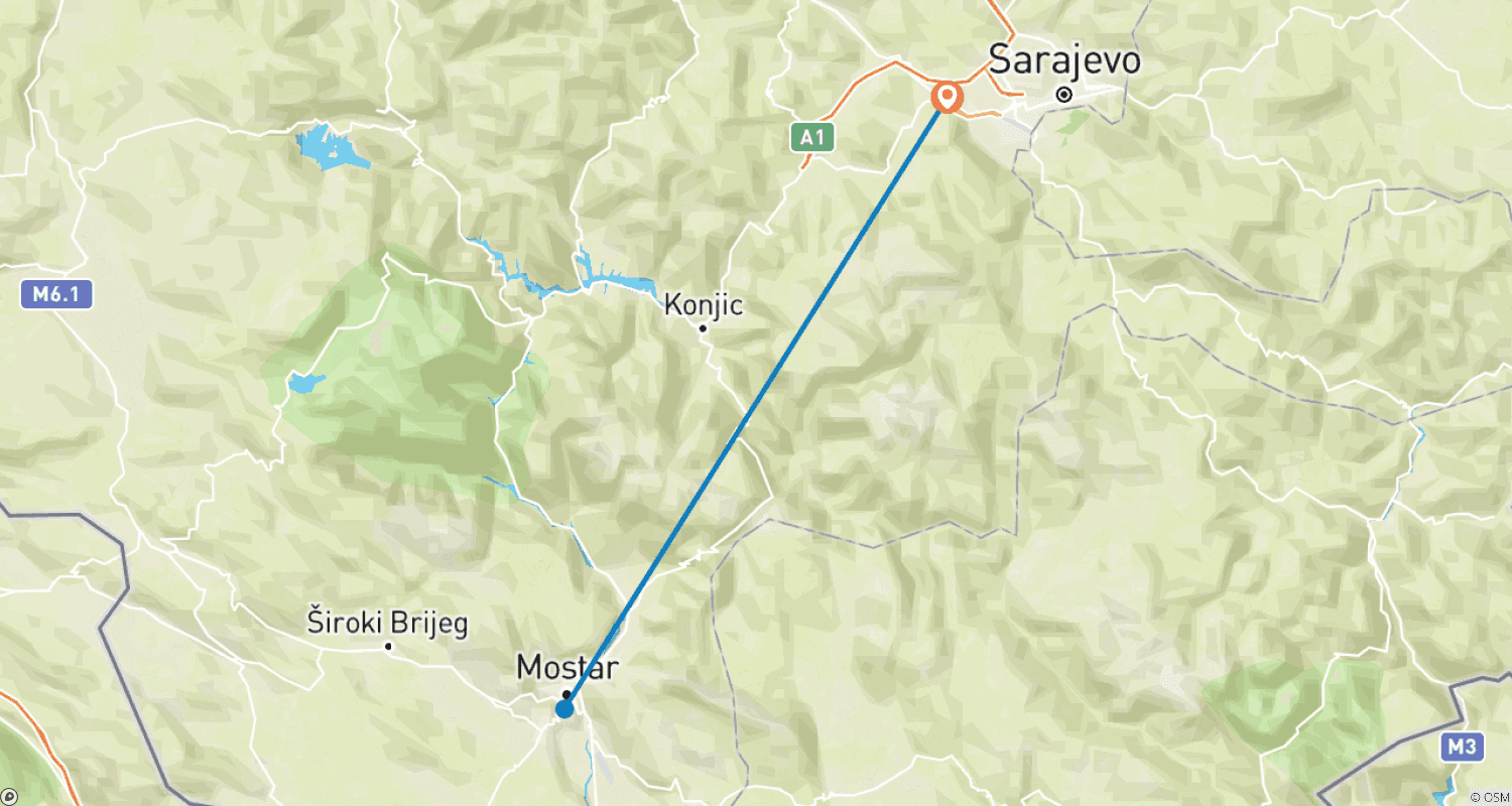 Mapa do percurso de 3 Dias de Experiência na Bósnia