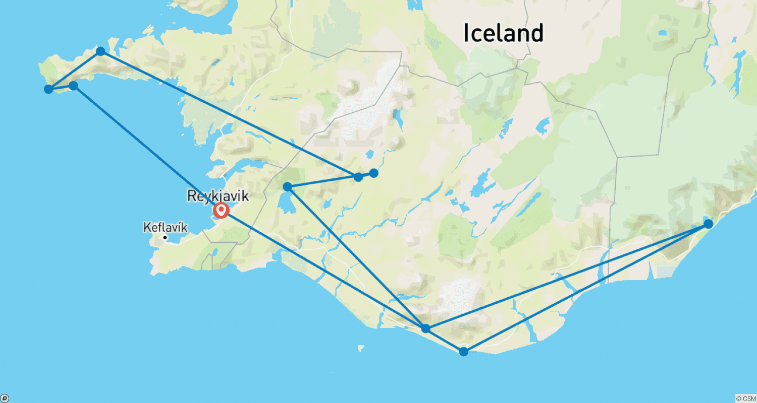 Mapa do percurso de Excursão de Inverno de 4 Dias em Minibus: Caverna de Gelo Azul, Costa Sul, Círculo Dourado, Snæfellsnes e Aurora Boreal