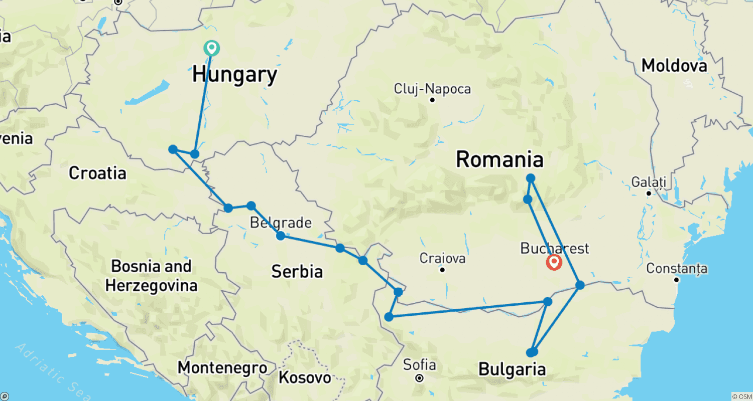 Mapa do percurso de Descoberta dos Balcãs com 2 Noites na Transilvânia 2023