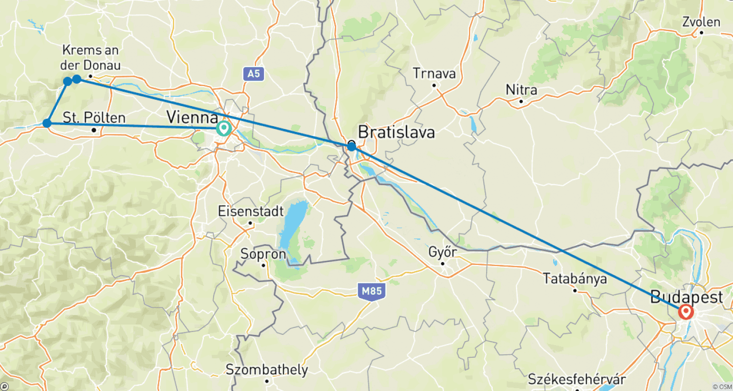 Mapa do percurso de Um Sabor do Danúbio com 2 Noites em Viena e 2 Noites em Budapeste (Sentido Leste) 2023