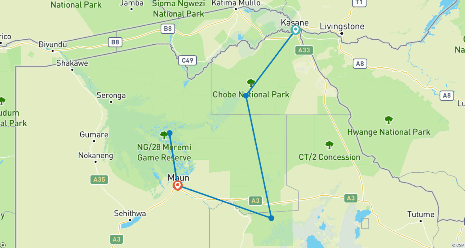Mapa do percurso de 9 Dias, Chobe Definitivo, Elephant Sands, Makgadikgadi Pans, Safári no Delta do Okavango e Moremi