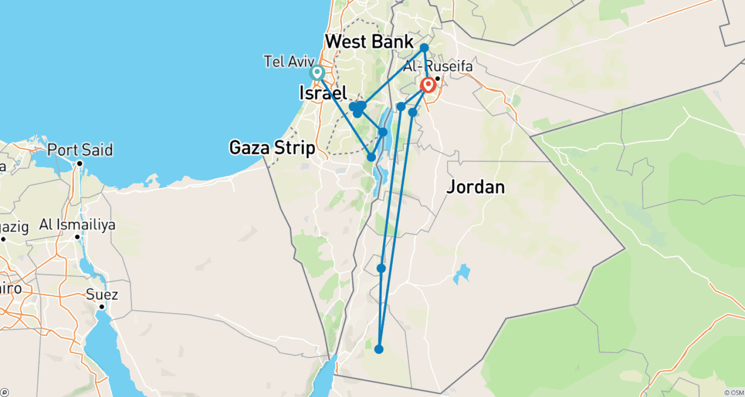 Mapa do percurso de Israel e Jordânia: Escapada Urbana
