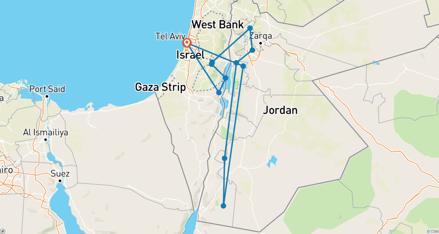 Mapa do percurso de Israel e Jordânia: Excursão Encantadora - 8 Dias