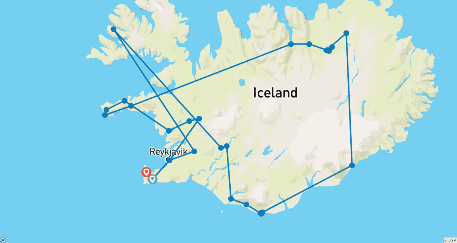 خريطة مسار 10 أيام آيسلندا الصيفية الكاملة | طريق الحلقة (Ring-Road)، شبه جزيرة Snæfellsnes ونقل ذهابًا وإيابًا من وإلى المطار (جولة جماعية)