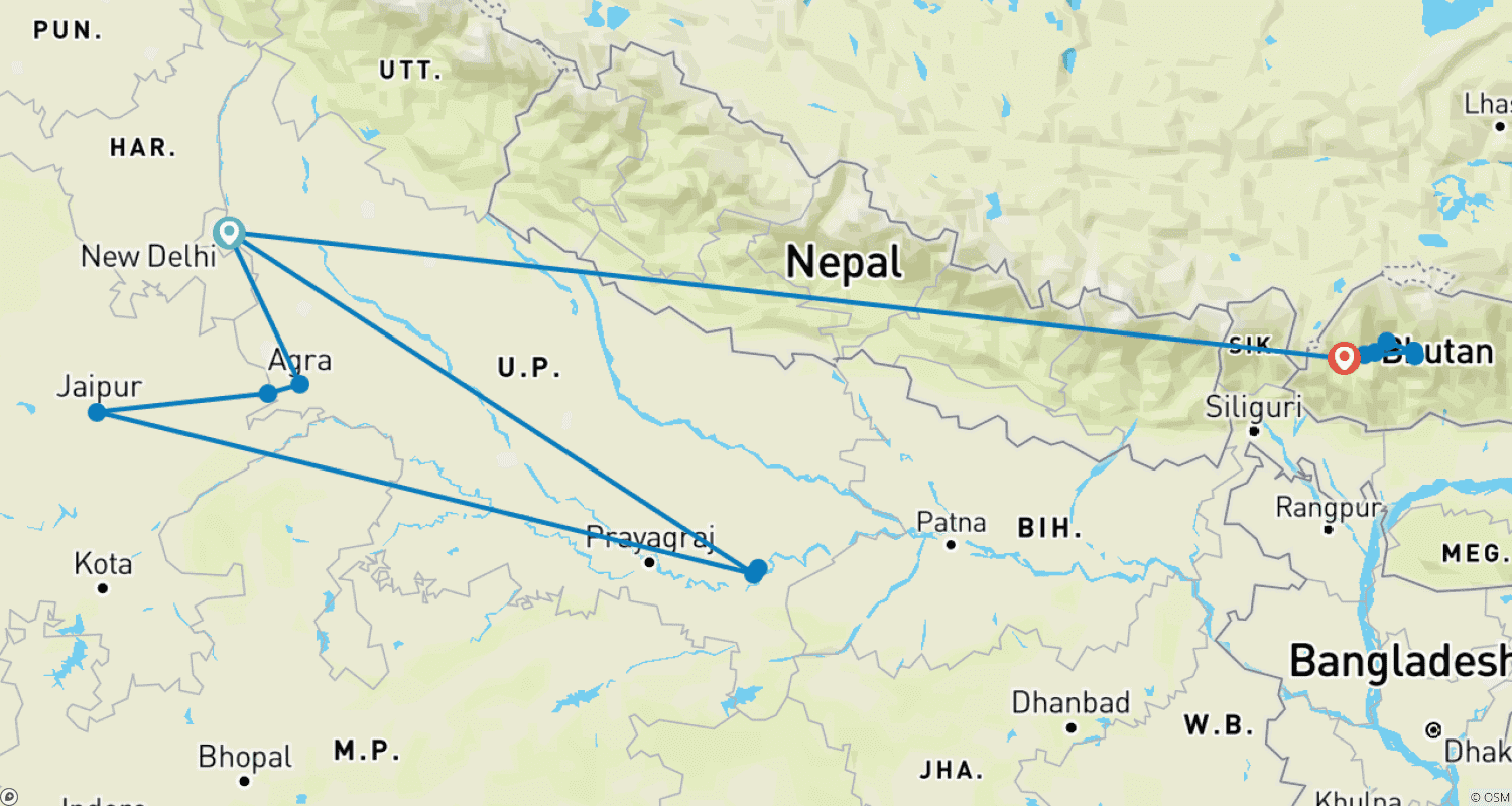 India Golden Triangle & Ganges with Royal Bhutan - 16 Daysのルートマップ