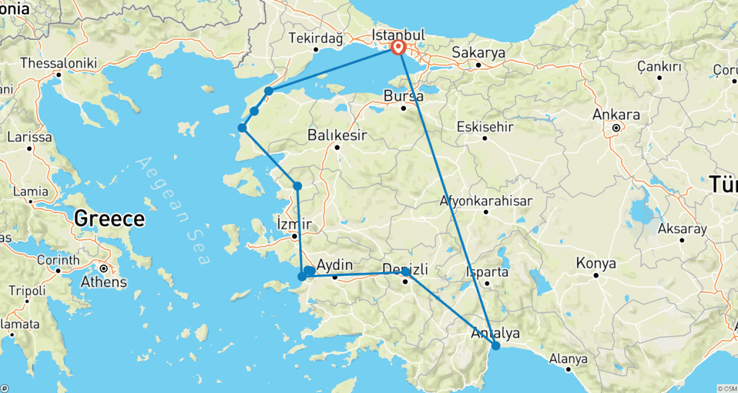 9日間 トルコ伝説の旅パッケージ(出発保証付き)のルートマップ